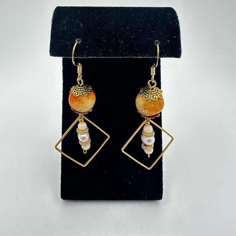 NWOT Sponge Coral, angel skin coral and pearl earrings w/ gold over 925 hooks!